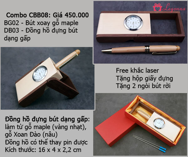 combo bút xoay gỗ maple và đồ cắm bút có đồng hồ