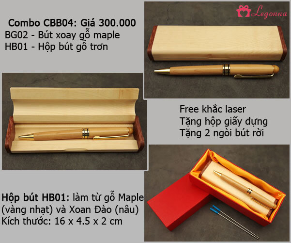 combo bút xoay gỗ maple và hộp bút