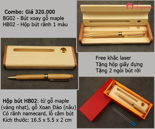 combo bút xoay gỗ maple và hộp bút
