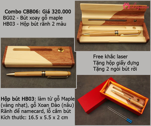 combo bút xoay gỗ maple và hộp bút gỗ 2 màu
