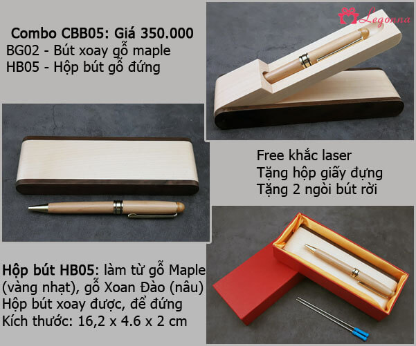 combo bút xoay gỗ maple và hộp bút gỗ đứng