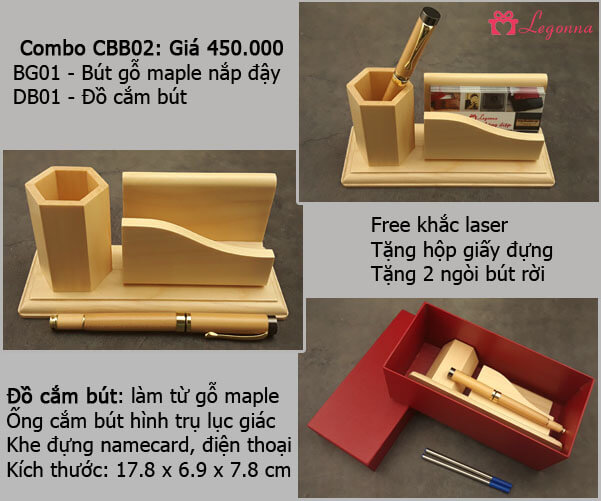 combo bút gỗ maple và đế cắm bút