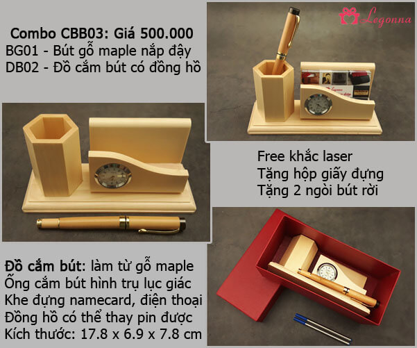 combo bút gỗ maple và đế cắm bút
