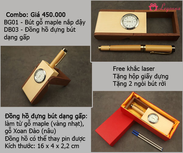 combo bút gỗ maple và đế cắm bút có đồng hồ
