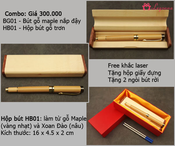 combo bút gỗ maple và hộp bút gỗ