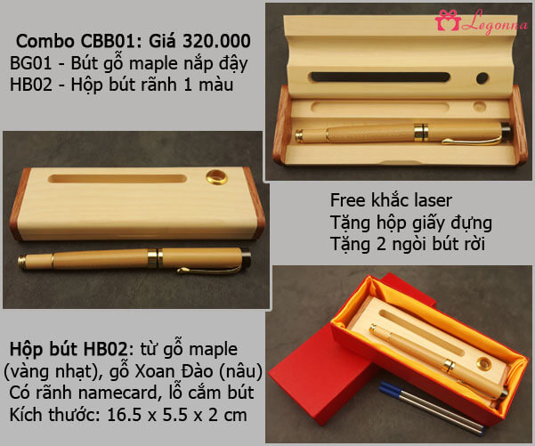 combo bút gỗ maple và hộp bút gỗ có rãnh