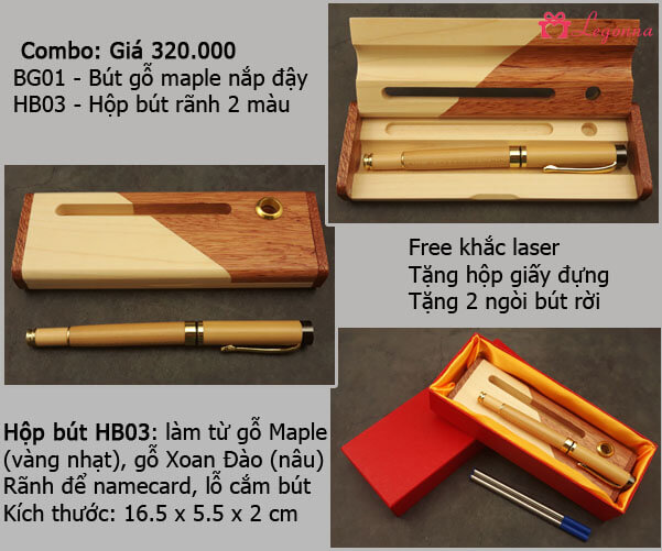 combo bút gỗ maple và hộp bút gỗ 2 màu