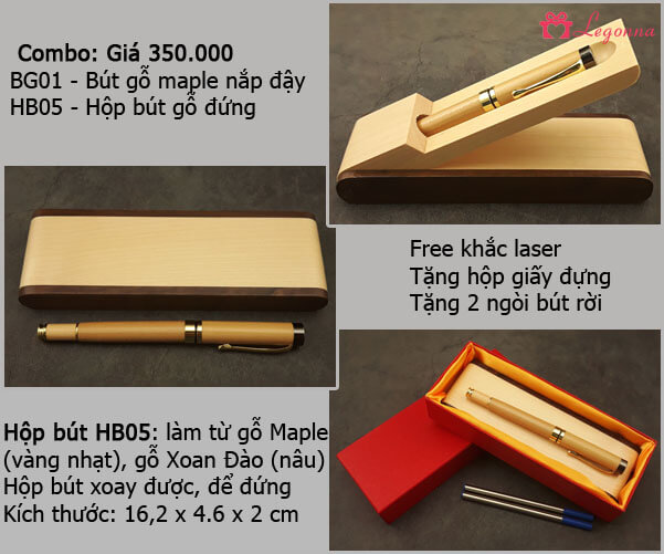 combo bút gỗ maple và hộp bút gỗ đứng