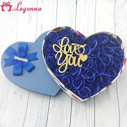 Hoa hồng sáp hộp tim, chữ LOVE YOU (24 - 27 bông), màu xanh H3X